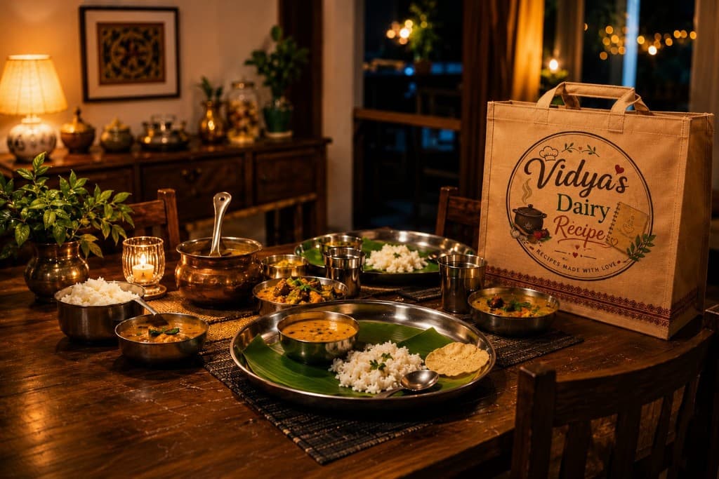 A steaming home-cooked thali with rice, dal, roti and curry in warm evening light