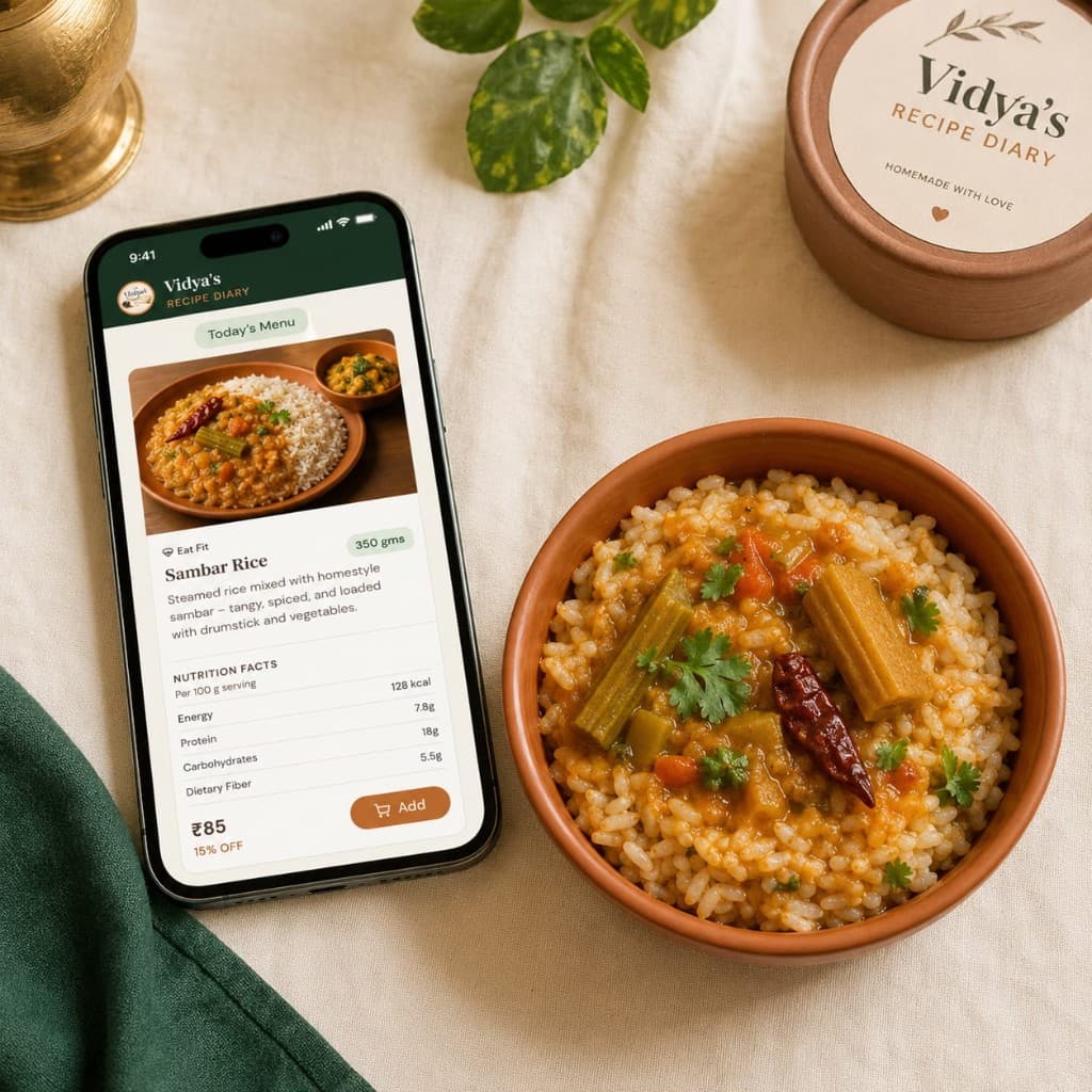 Phone showing nutrition facts and menu details beside a bowl of sambar rice
