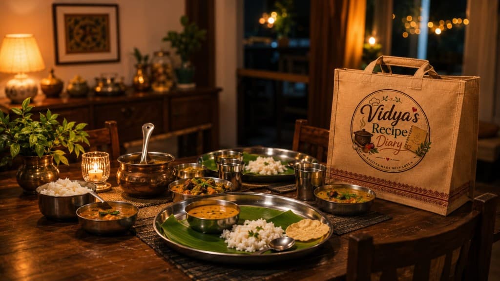 A warm home table set with South Indian food and a Vidya's Recipe Diary delivery bag