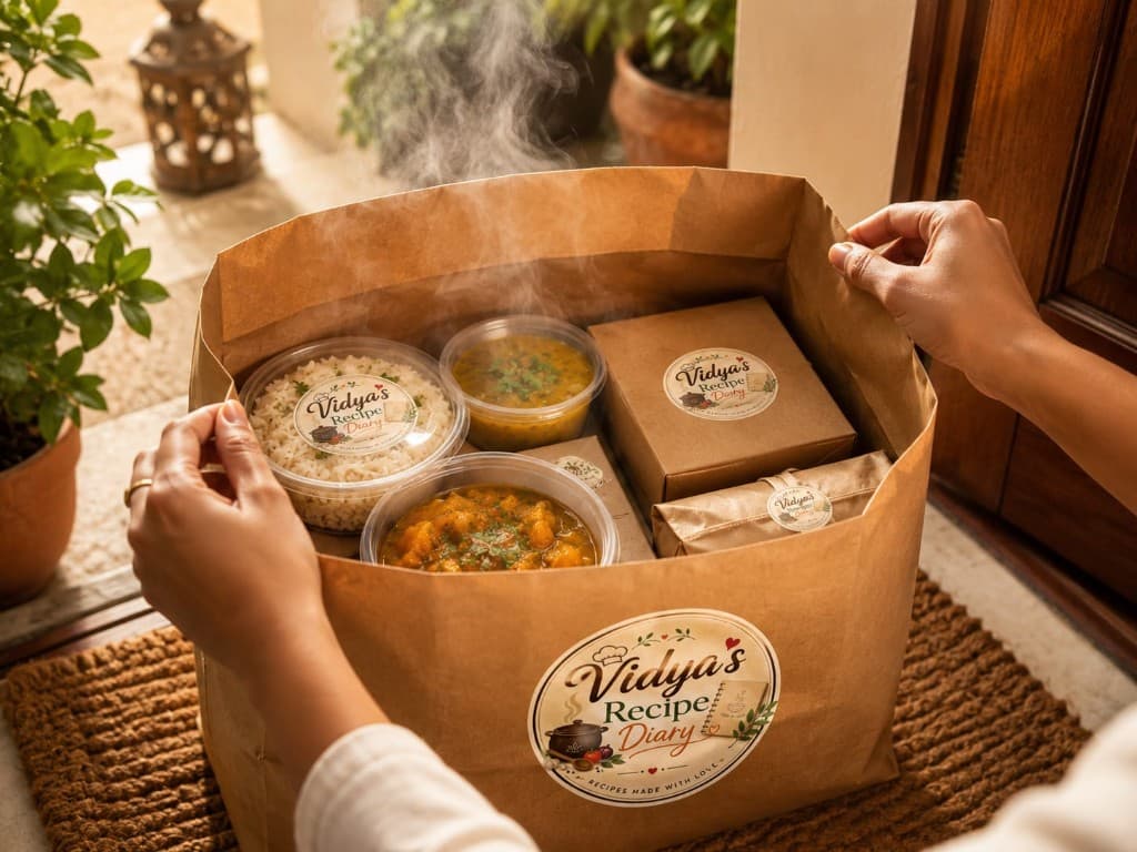 Opening a Vidya's Recipe Diary delivery bag with steaming food containers