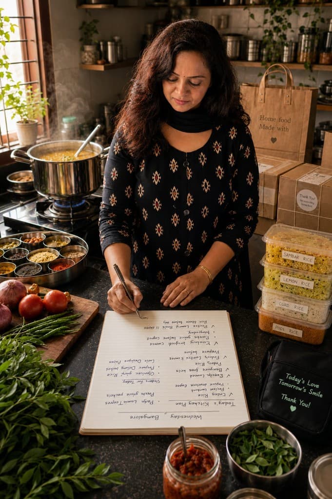 Vidya writing today's kitchen plan beside steaming pots, fresh vegetables, and packed meals
